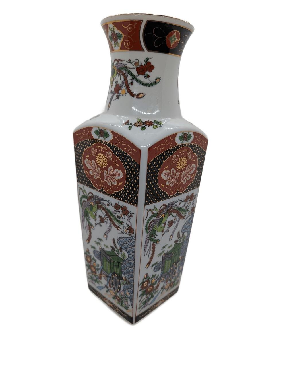 Vintage Japanese Imari Style Porcelain Square Vase Phoenix Rickshaw Gold Trim
